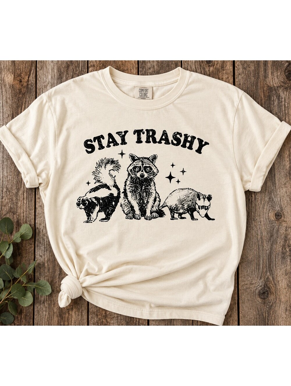Cream Stay Trashy Raccoon Graphic T-Shirt